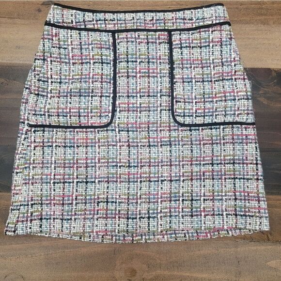 LOFT Tweed Plaid Patch Pockets Lined Academia Back Zip Shift Mini Skirt Size 2 - Picture 4 of 11